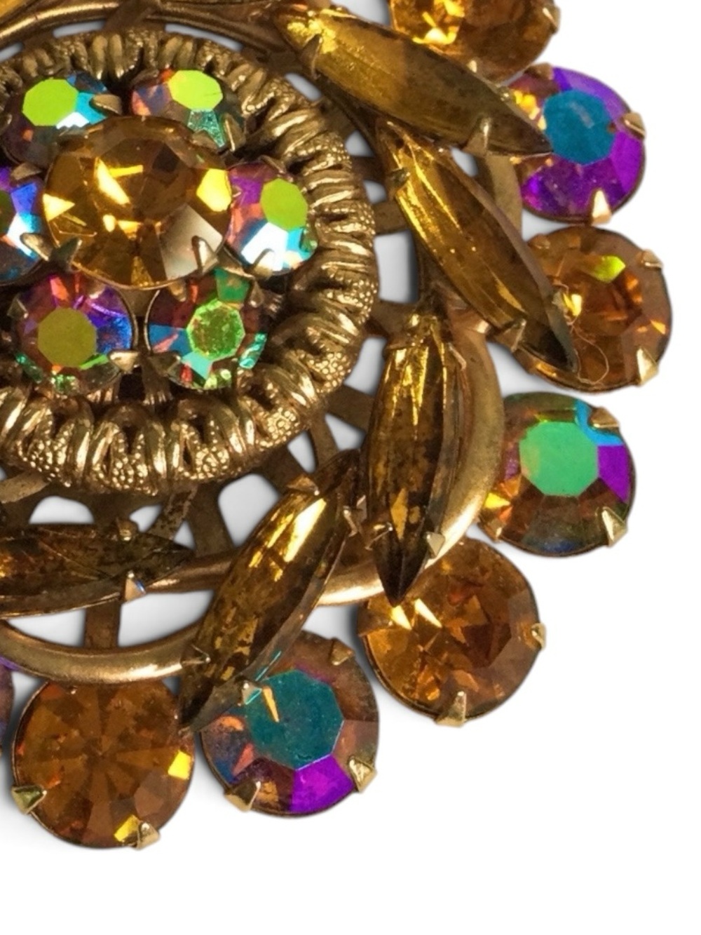Vintage Amber & AB Crystal Rhinestone Layered Domed Cluster Brooch - Picture 9 of 13